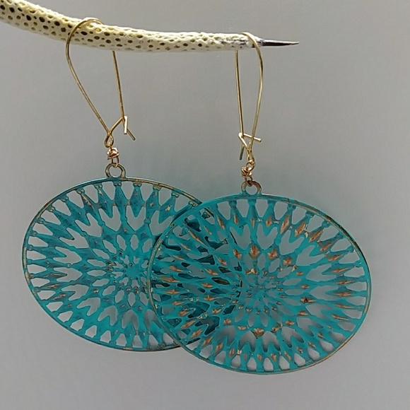 Blue Gold Circle Yoga Medallion Boho Earring - Picture 3 of 8